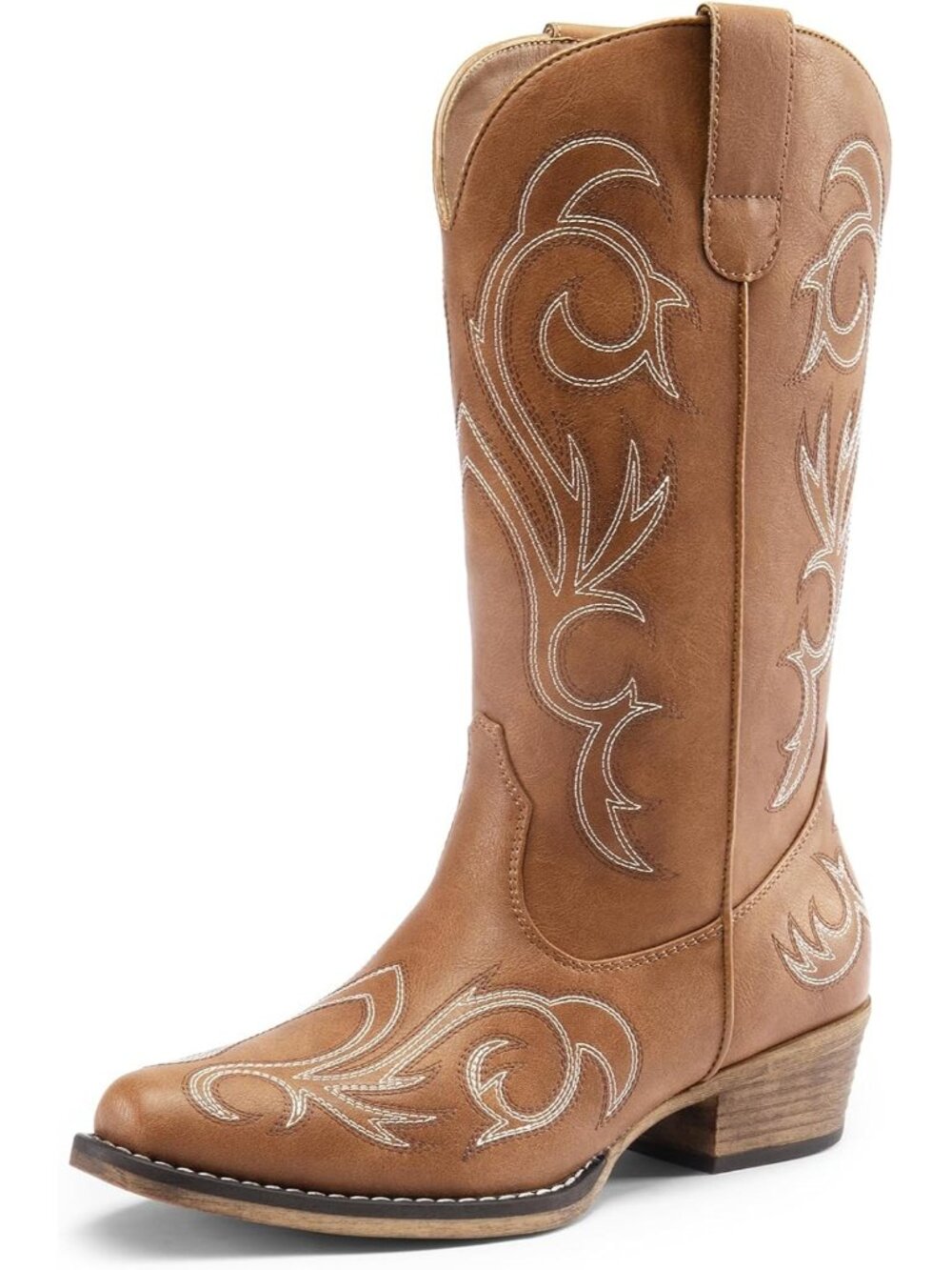 Women’s Tan Cowboy Mid Calf Boots Western Cowgirl Boots Pull On Riding Boots